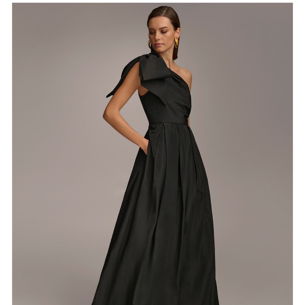 Donna Karan Black Asymmetrical Pleated Gown